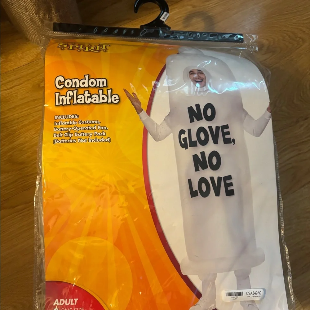 Spirit Adult Inflatable Condom Costume in White with Black Text - Picture 3 of 3